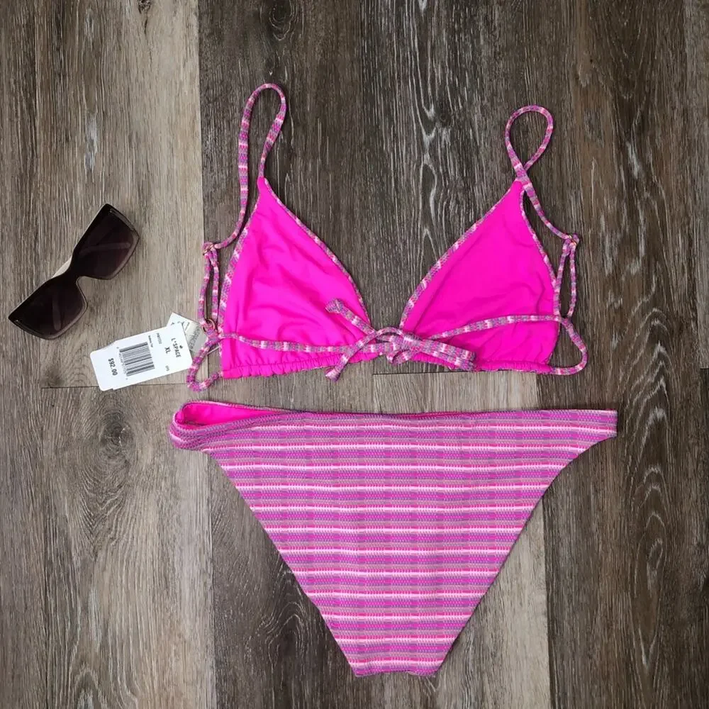 L*Space Bikini Brittany Top Camancho Bottom Electric Pink Pique Stripe XL NWT